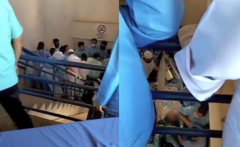 Kakitangan hospital berusaha membawa turun pesakit ventilator ke ICU.